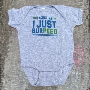 Rabbit Skins Gray Bodysuit with Blue and Green 'I Just Burpeed' Graphic